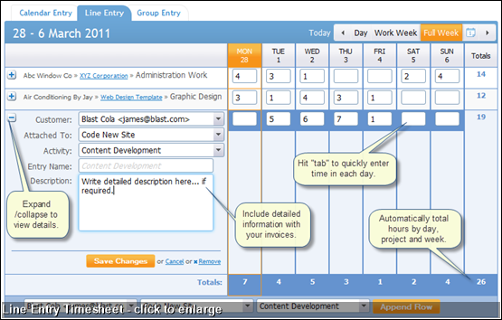 Line Entry Timesheet - click to enlarge