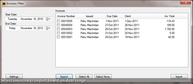 Select invoices to import based on date range