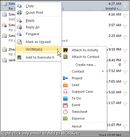 Right click any email to Add to WORKetc