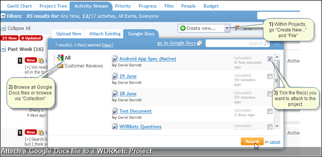 Attach a Google Docs file to a WORKetc Project